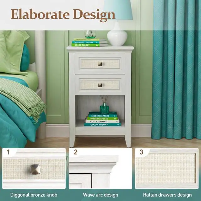 Alt view image 6 of 7 - Set Of 2 - 17.7" Wide White Rattan Nightstand W/ 2 Drawers - Boho 27" Tall Bedside Table For Small Spaces & Bedroom