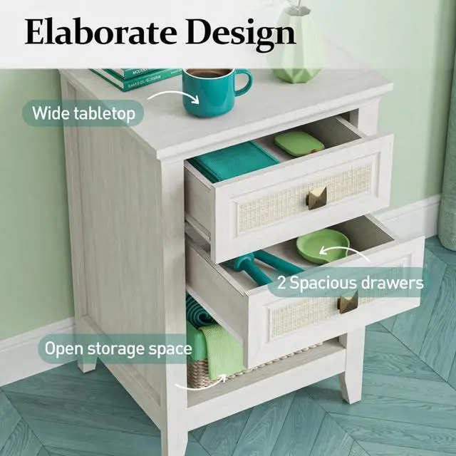 Alt view image 5 of 7 - Set Of 2 - 17.7" Wide White Rattan Nightstand W/ 2 Drawers - Boho 27" Tall Bedside Table For Small Spaces & Bedroom