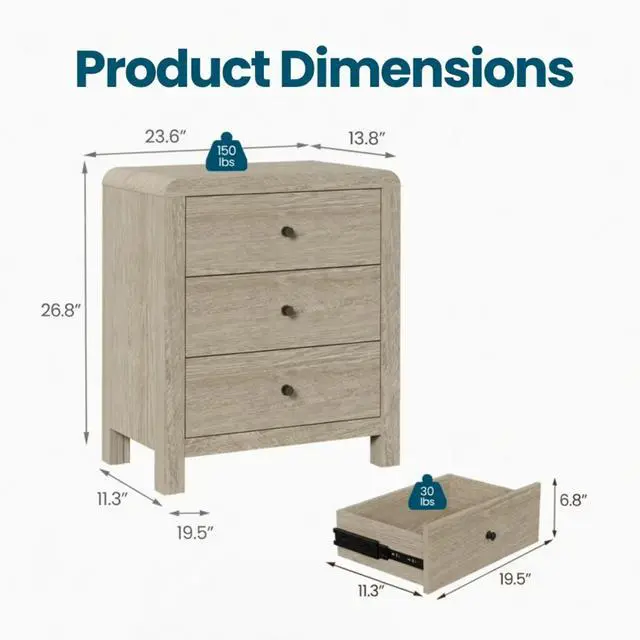 Alt view image 3 of 7 - 23.6 Width Natural Wood 3 Drawer Chest Of Drawers - Modern Rounded Corner Design