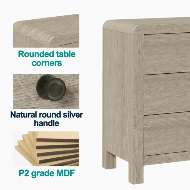 Alt view image 4 of 7 - 23.6 Width Natural Wood 3 Drawer Chest Of Drawers - Modern Rounded Corner Design