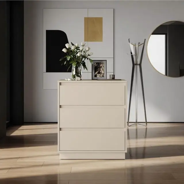 Alt view image 2 of 7 - 23.6 Inches Width Beige 3 Drawer Modern Nightstand - Large Wood Bedroom Side Table