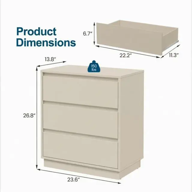 Alt view image 3 of 7 - 23.6 Inches Width Beige 3 Drawer Modern Nightstand - Large Wood Bedroom Side Table