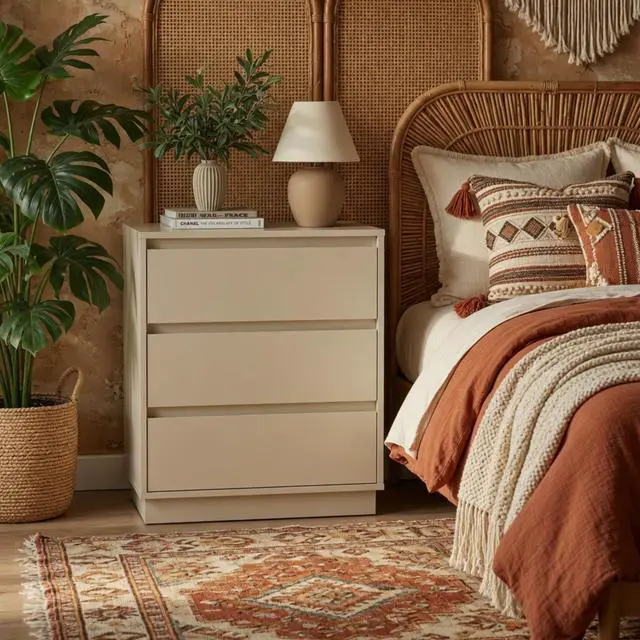 Alt view image 4 of 7 - 23.6 Inches Width Beige 3 Drawer Modern Nightstand - Large Wood Bedroom Side Table