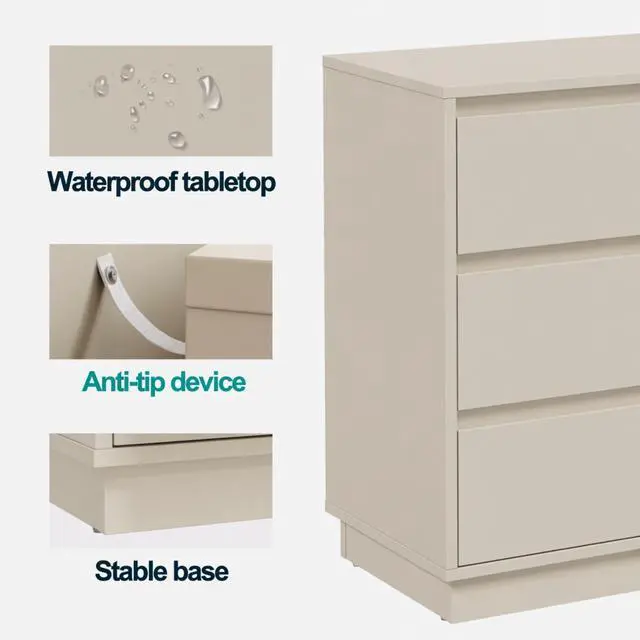 Alt view image 5 of 7 - 23.6 Inches Width Beige 3 Drawer Modern Nightstand - Large Wood Bedroom Side Table