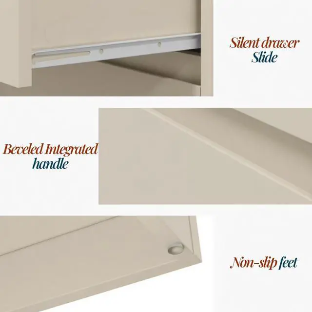 Alt view image 6 of 7 - 23.6 Inches Width Beige 3 Drawer Modern Nightstand - Large Wood Bedroom Side Table