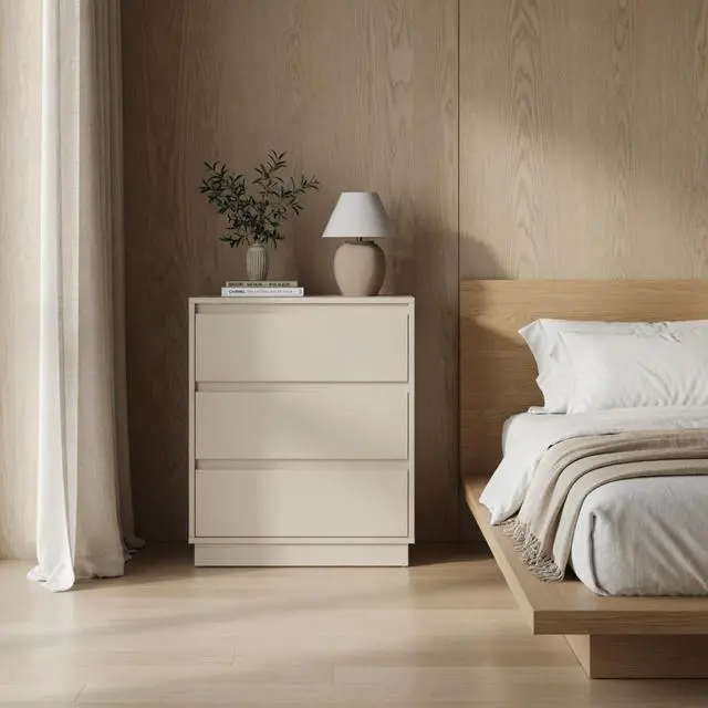 Alt view image 7 of 7 - 23.6 Inches Width Beige 3 Drawer Modern Nightstand - Large Wood Bedroom Side Table