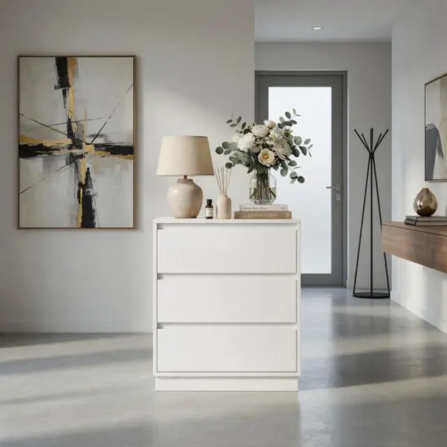 Alt view image 2 of 7 - 23.6 Width White 3 Drawer Modern Nightstand - Large Wood Bedroom Side Table