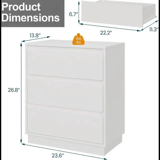 Alt view image 3 of 7 - 23.6 Width White 3 Drawer Modern Nightstand - Large Wood Bedroom Side Table