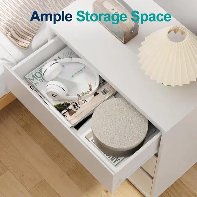 Alt view image 6 of 7 - 23.6 Width White 3 Drawer Modern Nightstand - Large Wood Bedroom Side Table