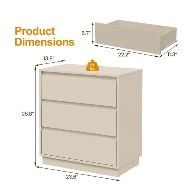 Alt view image 3 of 7 - Set Of 2, 23.6 Wide Beige Large Morden Wood Nightstand With 3 Drawers