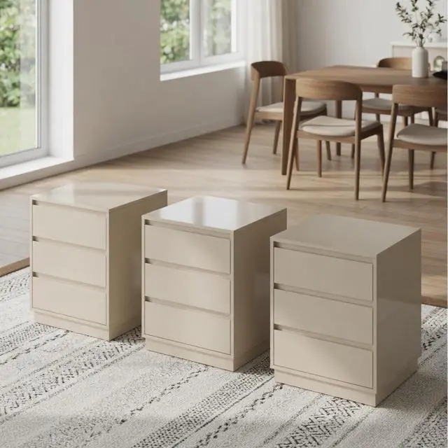 Alt view image 6 of 7 - Set Of 2, 23.6 Wide Beige Large Morden Wood Nightstand With 3 Drawers