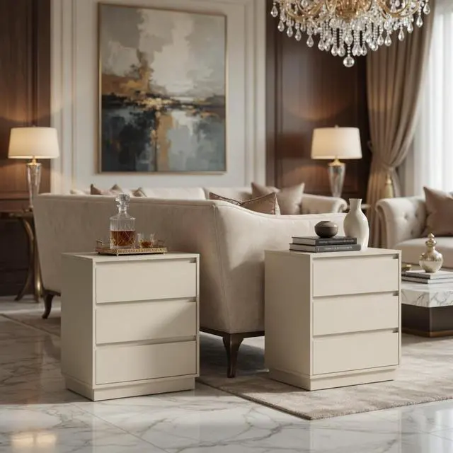 Alt view image 7 of 7 - Set Of 2, 23.6 Wide Beige Large Morden Wood Nightstand With 3 Drawers