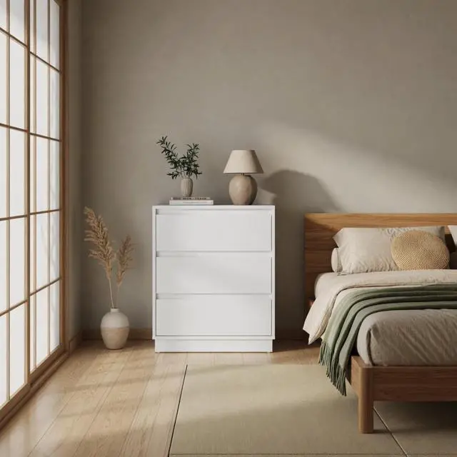 Alt view image 2 of 7 - Set Of 2, 23.6 Wide White Large Morden Wood Nightstand With 3 Drawers