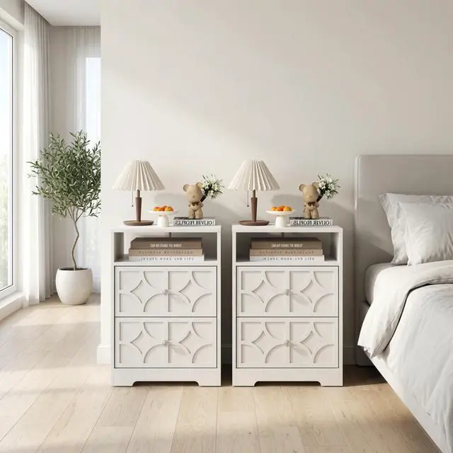 Alt view image 5 of 7 - Set Of 2, 18.9 Width White Wood Nightstand With 2 Drawers & Charging Station, Diamond Carved Side Table