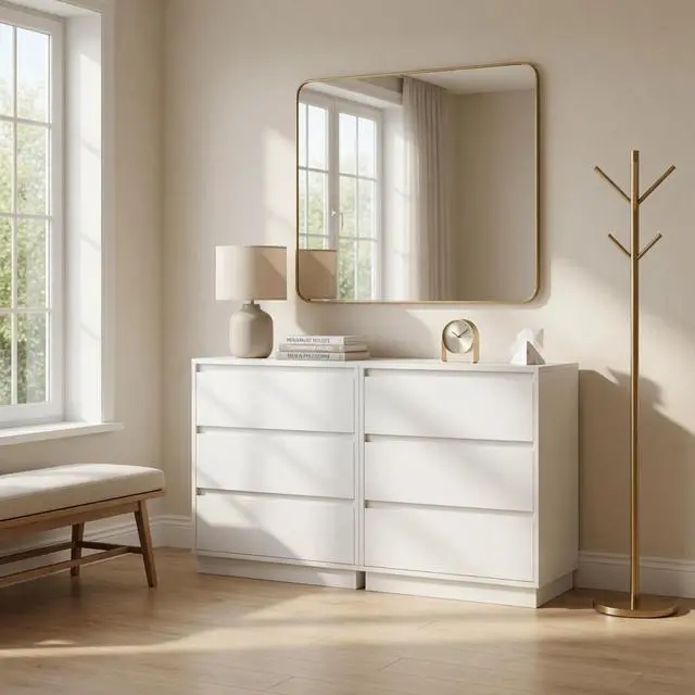 Alt view image 7 of 7 - Set Of 2, 23.6 Wide White Large Morden Wood Nightstand With 3 Drawers