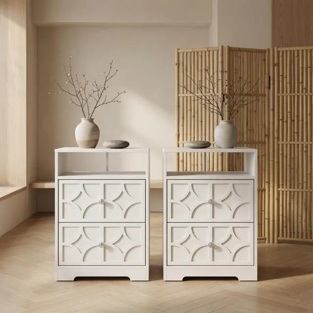 Alt view image 2 of 7 - Set Of 2, 18.9 Width White Wood Nightstand With 2 Drawers & Charging Station, Diamond Carved Side Table