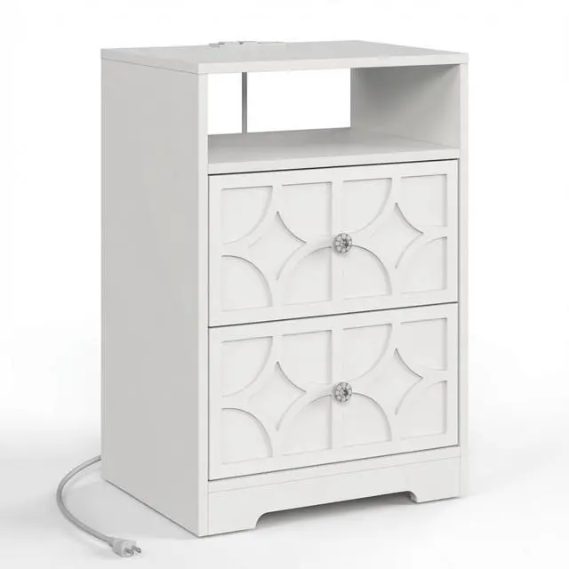 Main image of Set Of 2, 18.9 Width White Wood Nightstand With 2 Drawers & Charging Station, Diamond Carved Side Table