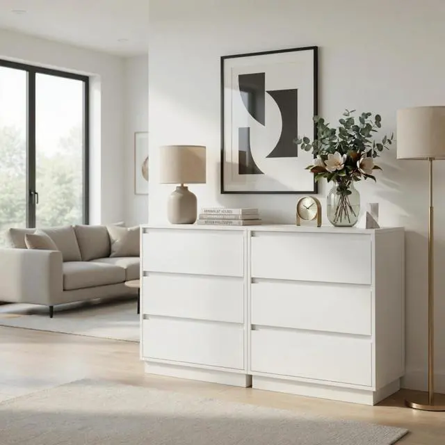 Alt view image 5 of 7 - Set Of 2, 23.6 Wide White Large Morden Wood Nightstand With 3 Drawers