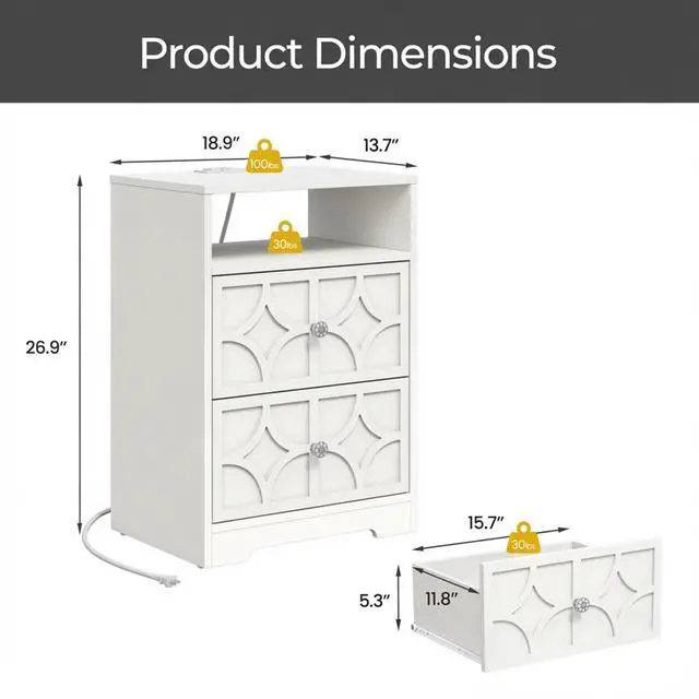 Alt view image 3 of 7 - Set Of 2, 18.9 Width White Wood Nightstand With 2 Drawers & Charging Station, Diamond Carved Side Table