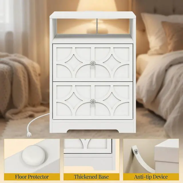 Alt view image 7 of 7 - Set Of 2, 18.9 Width White Wood Nightstand With 2 Drawers & Charging Station, Diamond Carved Side Table