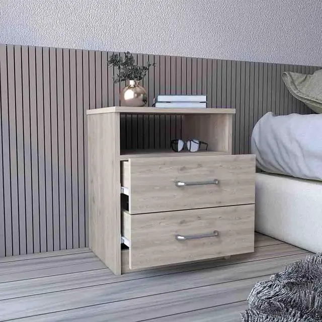 Main image of Nightstand Olienza, Two Drawers, One Shelf, Light Gray Finish