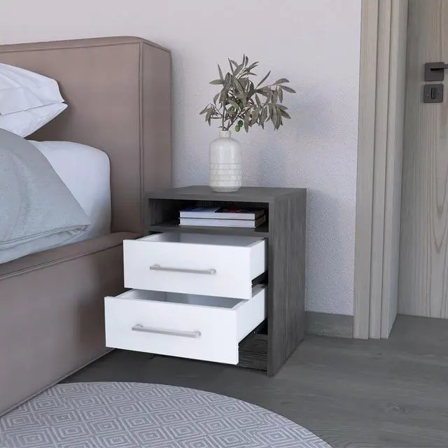 Alt view image 4 of 7 - Nightstand Cartiz, Two Drawers, Smokey Oak / White Finish