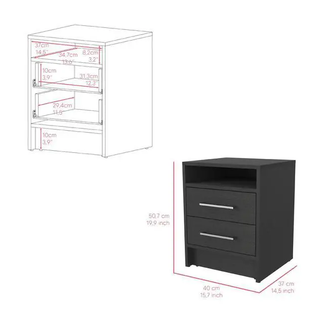 Alt view image 3 of 7 - Nightstand Cartiz, Two Drawers, Black Wengue Finish