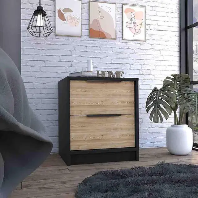 Main image of Nightstand Cervants, Two Drawers, Metal Handle, Black Wengue / Pine Finish