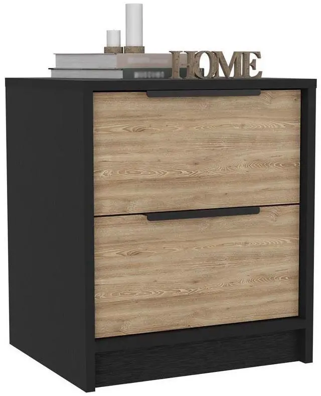 Alt view image 2 of 7 - Nightstand Cervants, Two Drawers, Metal Handle, Black Wengue / Pine Finish