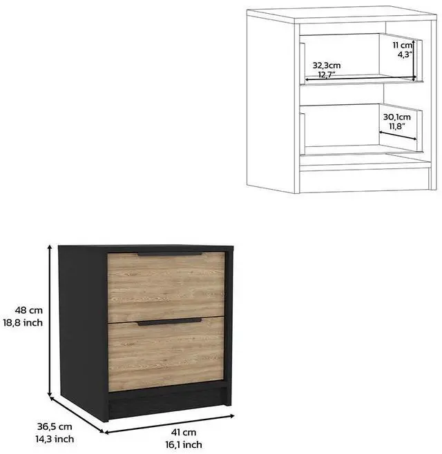 Alt view image 3 of 7 - Nightstand Cervants, Two Drawers, Metal Handle, Black Wengue / Pine Finish