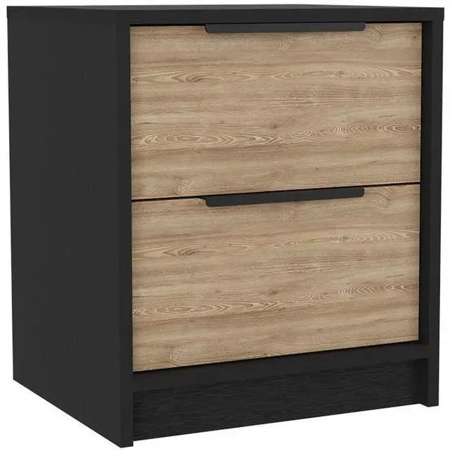 Alt view image 4 of 7 - Nightstand Cervants, Two Drawers, Metal Handle, Black Wengue / Pine Finish