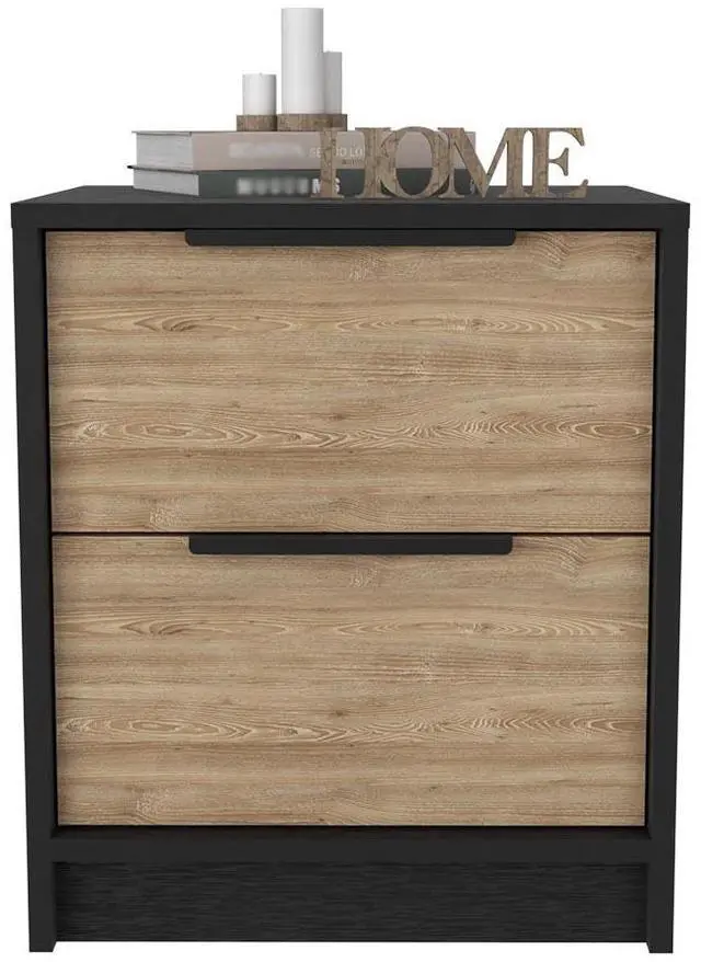Alt view image 6 of 7 - Nightstand Cervants, Two Drawers, Metal Handle, Black Wengue / Pine Finish