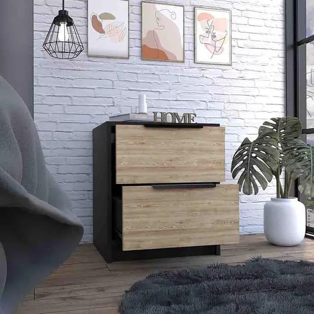 Alt view image 7 of 7 - Nightstand Cervants, Two Drawers, Metal Handle, Black Wengue / Pine Finish