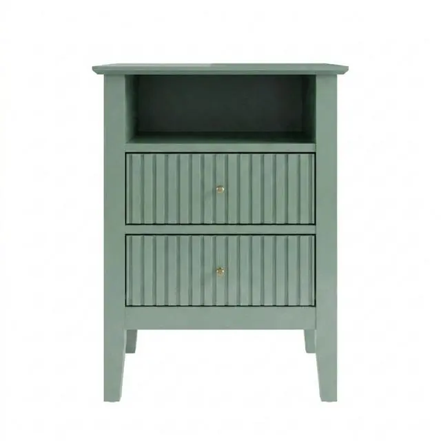 Main image of 18" Fluted 2-Drawer Nightstand Set Of 2, Modern Green End Table With Storage