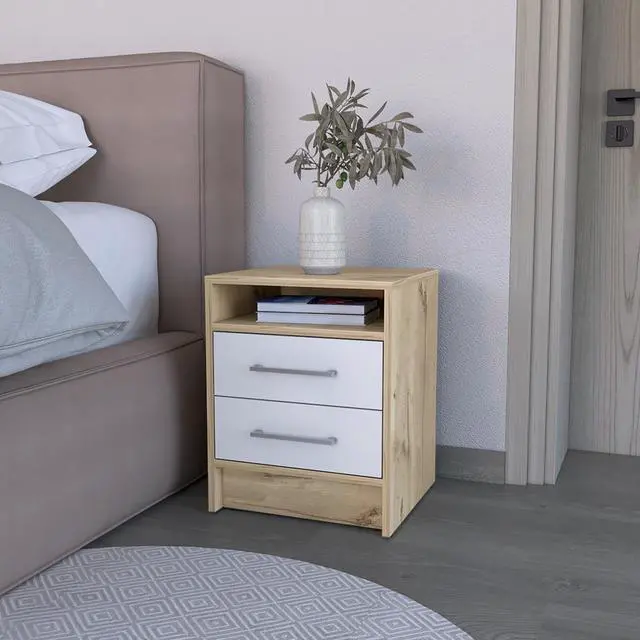 Main image of Nightstand Cartiz, Two Drawers, White / Light Oak Finish