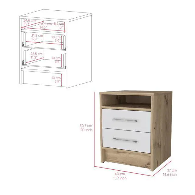 Alt view image 3 of 7 - Nightstand Cartiz, Two Drawers, White / Light Oak Finish