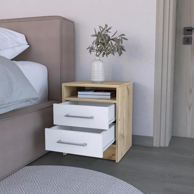 Alt view image 4 of 7 - Nightstand Cartiz, Two Drawers, White / Light Oak Finish