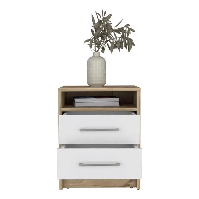 Alt view image 5 of 7 - Nightstand Cartiz, Two Drawers, White / Light Oak Finish