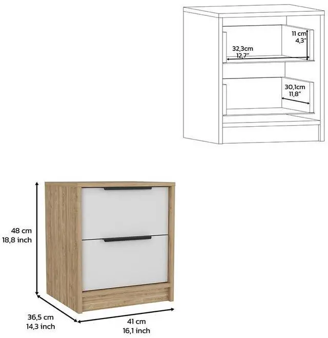 Alt view image 2 of 7 - Nightstand Cervants, Two Drawers, Metal Handle, White / Pine Finish