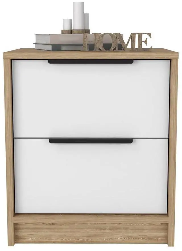 Alt view image 3 of 7 - Nightstand Cervants, Two Drawers, Metal Handle, White / Pine Finish