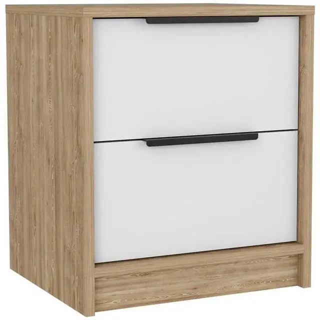 Alt view image 4 of 7 - Nightstand Cervants, Two Drawers, Metal Handle, White / Pine Finish