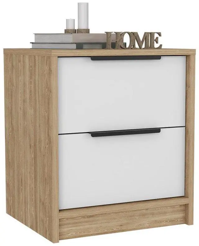 Alt view image 5 of 7 - Nightstand Cervants, Two Drawers, Metal Handle, White / Pine Finish