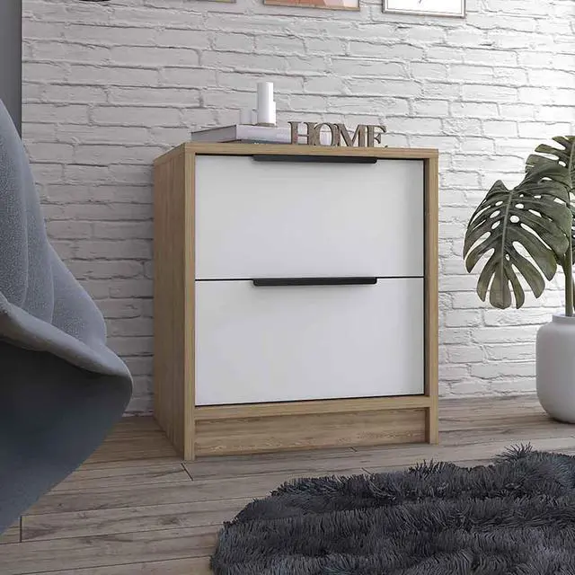 Alt view image 6 of 7 - Nightstand Cervants, Two Drawers, Metal Handle, White / Pine Finish
