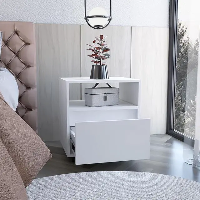 Alt view image 2 of 7 - Nightstand Munyochi, One Drawer, White Finish