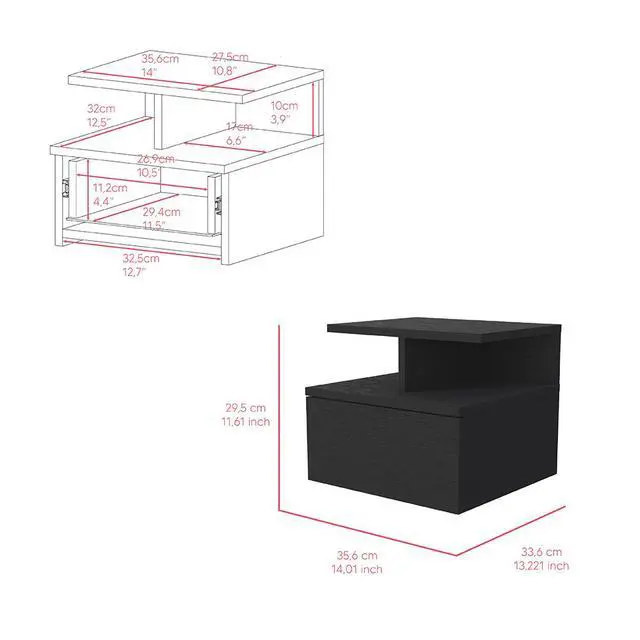 Alt view image 7 of 7 - Floating Nightstand Flopini, One Drawer, Black Wengue Finish