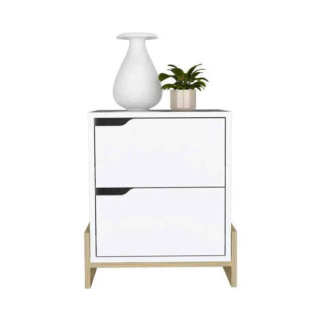 Alt view image 4 of 7 - Nightstand Brookland, Bedside Table With Double Drawers And Sturdy Base, White / Macadamia Finish