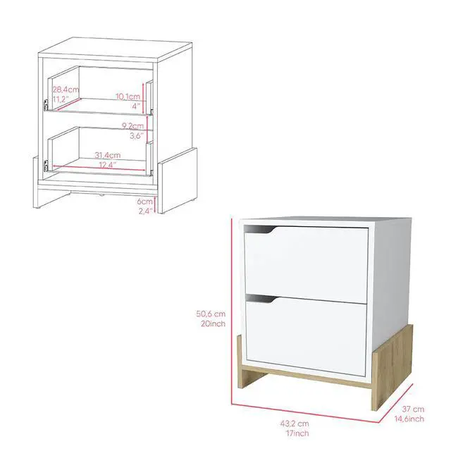Alt view image 6 of 7 - Nightstand Brookland, Bedside Table With Double Drawers And Sturdy Base, White / Macadamia Finish