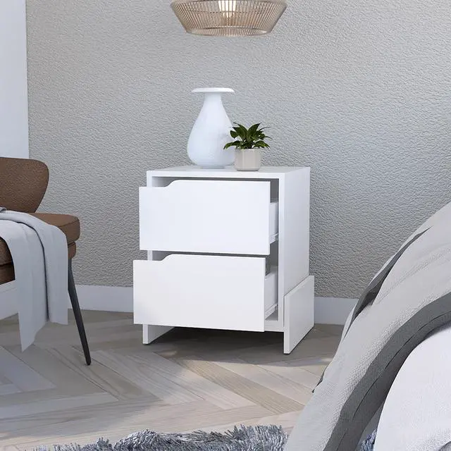 Alt view image 2 of 7 - Nightstand Brookland, Bedside Table With Double Drawers And Sturdy Base, White Finish