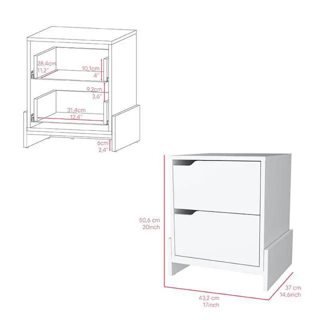 Alt view image 7 of 7 - Nightstand Brookland, Bedside Table With Double Drawers And Sturdy Base, White Finish