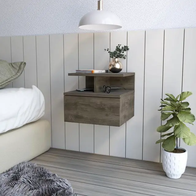 Alt view image 2 of 7 - Floating Nightstand Flopini, One Drawer, Dark Walnut Finish